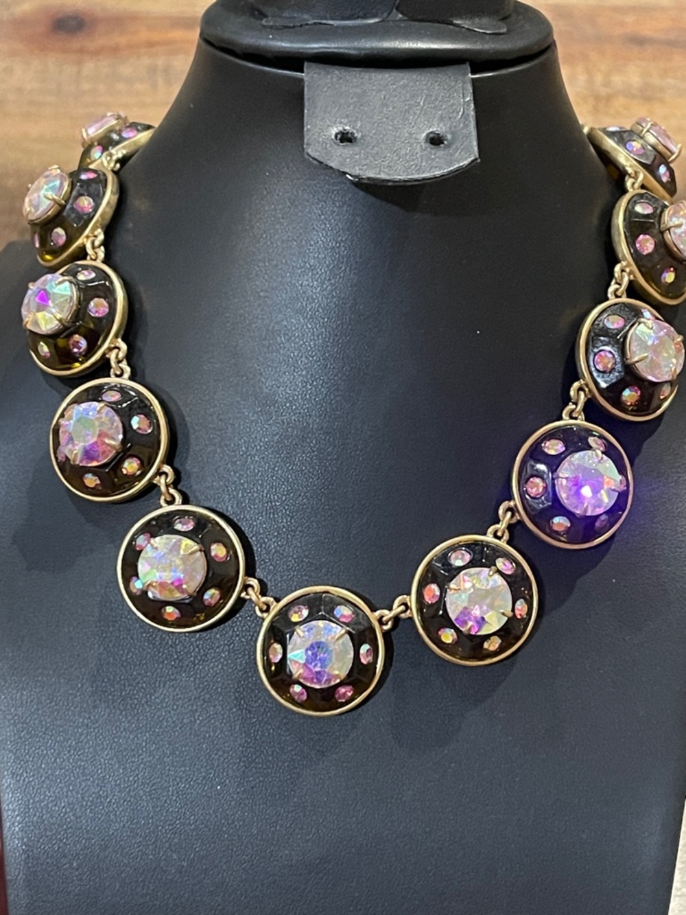 J Crew Iridescent Pink Crystal Black Statement Necklace